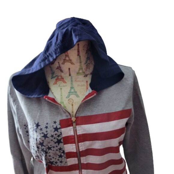 Vintage Fashion Bug S Full Zip LS Hooded American Flag Sweatshirt Hoodie - Picture 2 of 8